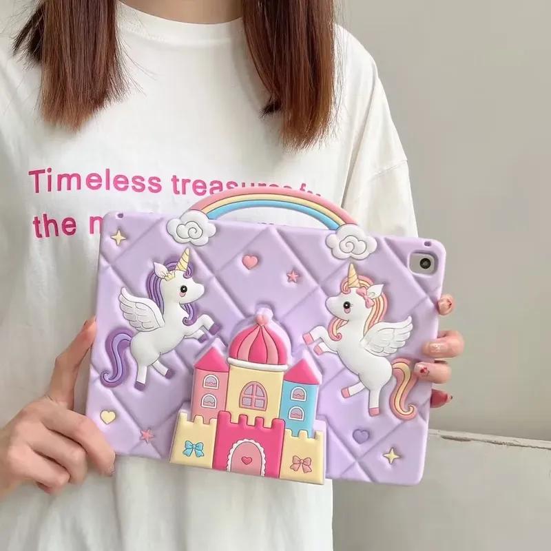 Kids Case for Ipad Pro Mini Air Redmi Pad and Samsung Galaxy Tab A7 Lite T220 A8 X200 A9 X110  A9+ X210 Castle Unicorn Cover with Telescopic Stand