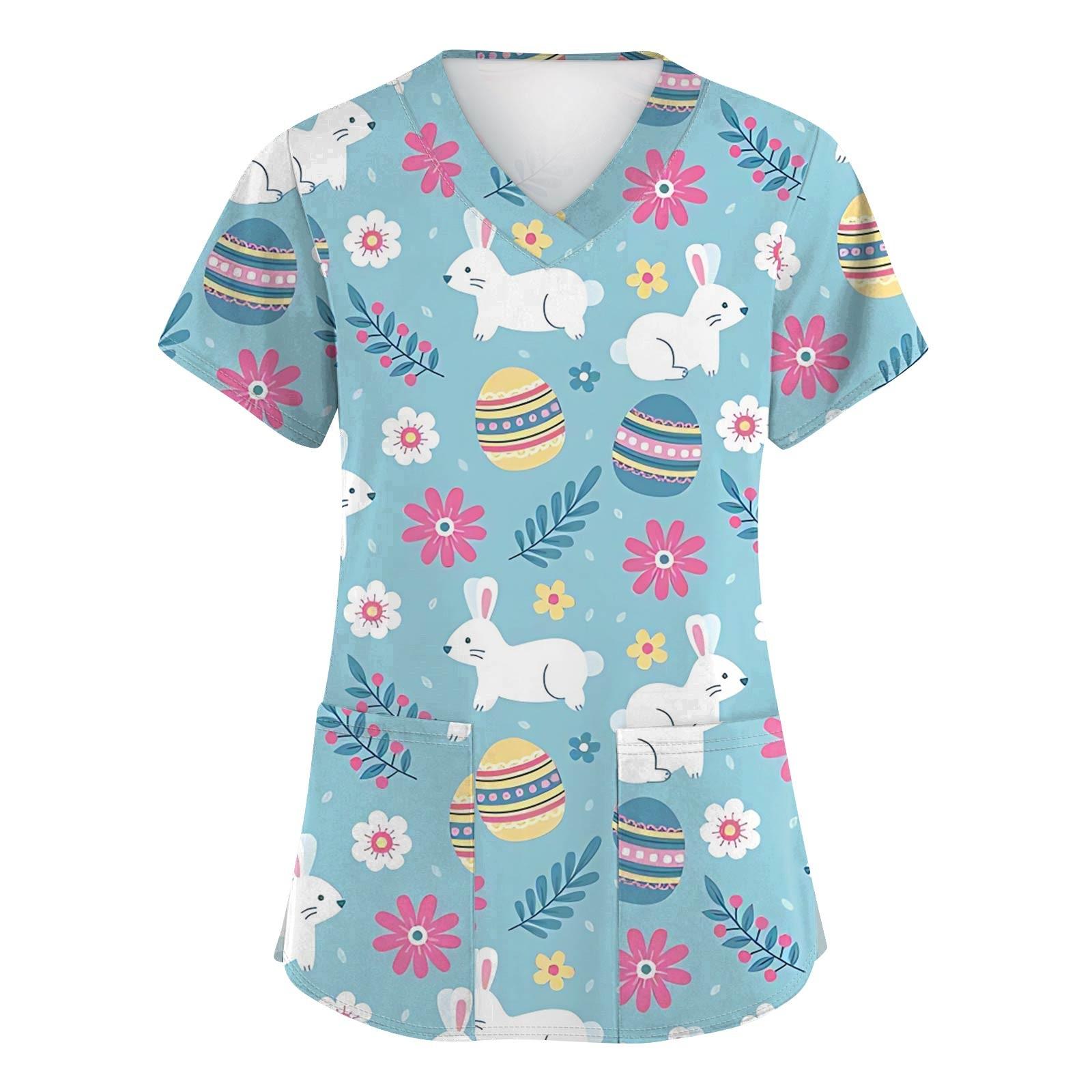 Women s Fashionable Short Sleeved Easter Printed V-Neck Pocket Work Jacket Top M