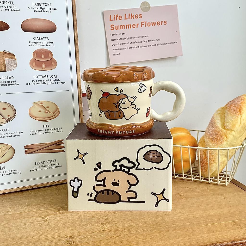 Cute Puppy Mug With Lid Ceramic Cup Large Capacity Household Water Cup Office Coffee Breakfast Cup Children