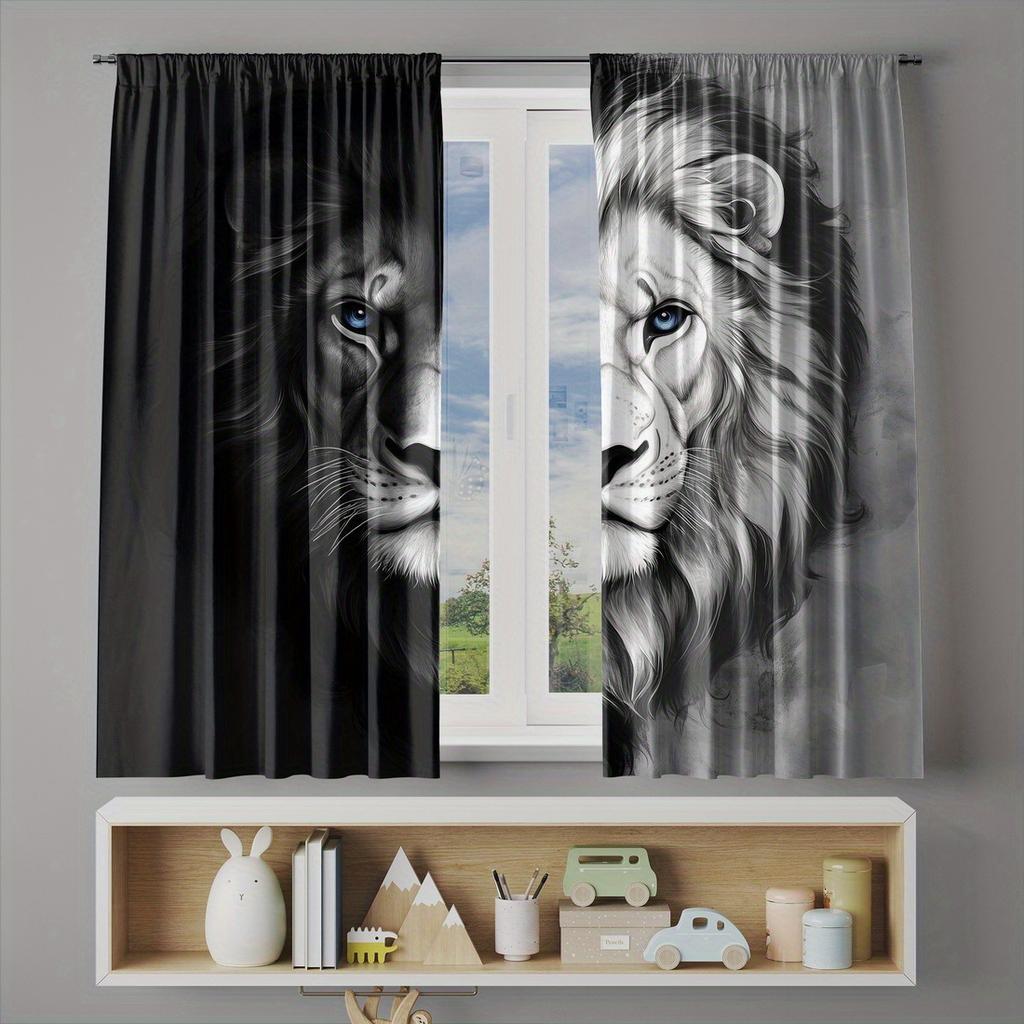 2pc Lion Print Pattern Curtains   Suitable for Bedroom   Living Room   Kitchen Curtains   Machine Washable Polyester