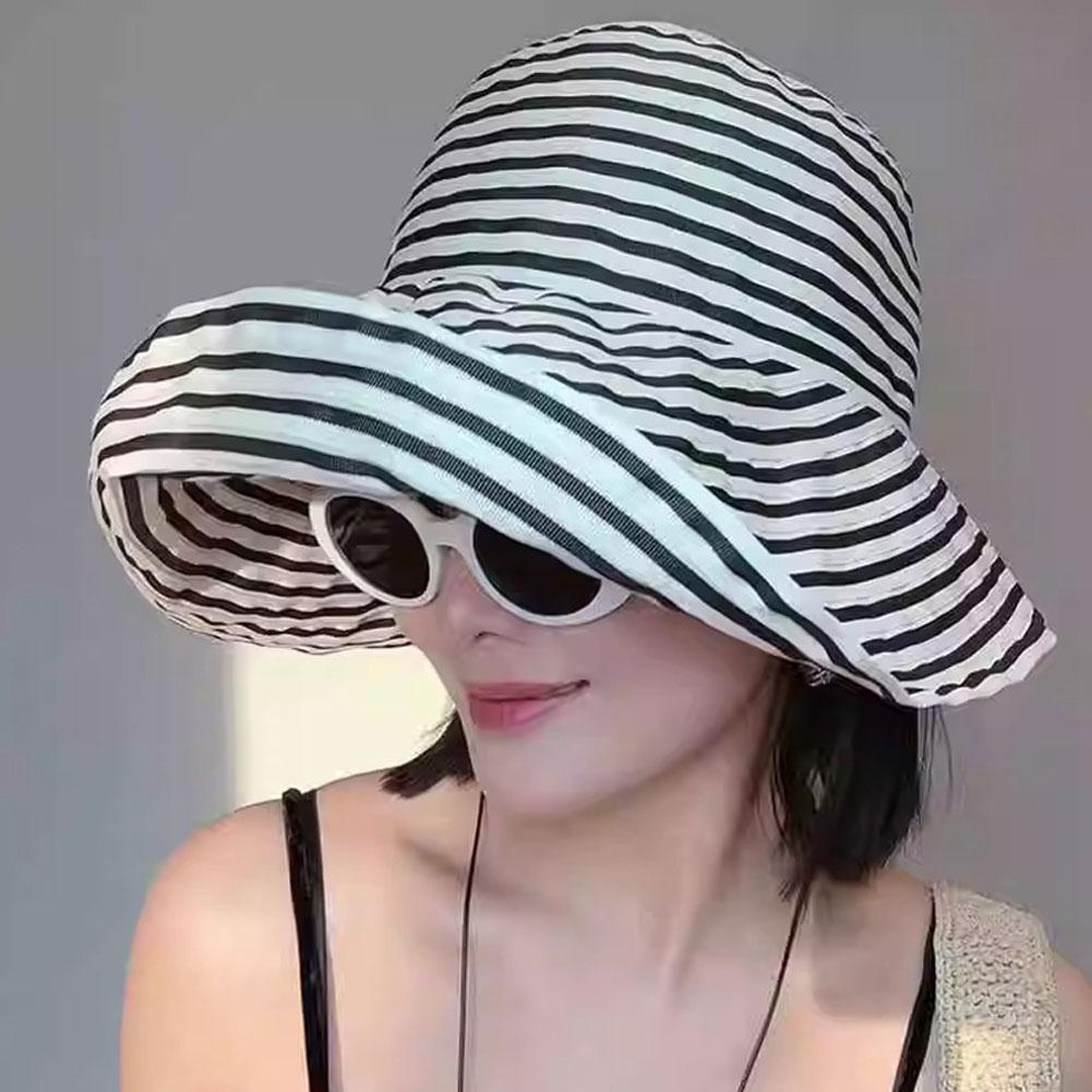 2025Simple Foldable Summer Striped Fisherman's Hat Fashionable Vacation Beach Hat Brimmed Wide G0U7