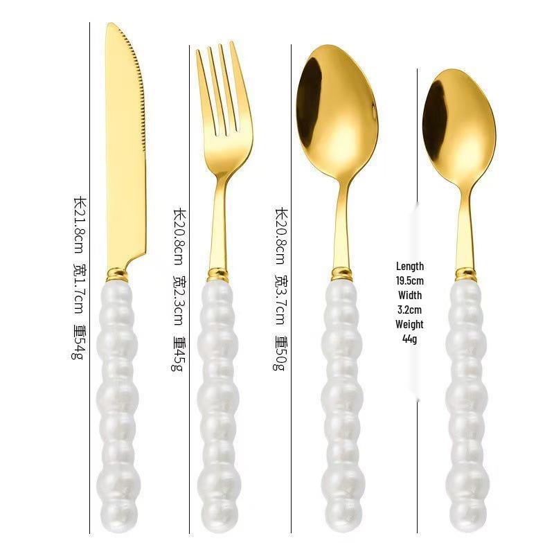 Norse Luxe Ceramic Pearl Cutlery Set: Fork, Knife & Spoon in Elegant Stainless Steel