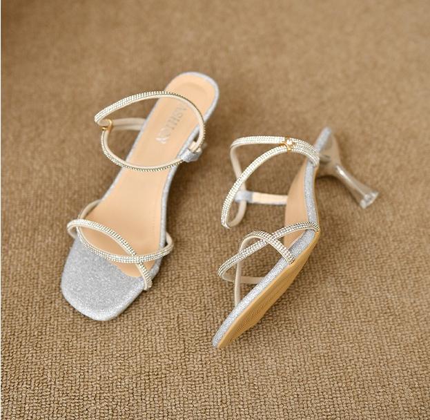 

Retro Square Head Women Thin Heel Shoes Exquisite Rhinestone Open Toe Sandals Minimal Elegant Dress Ladies High Heels 35 серебряный