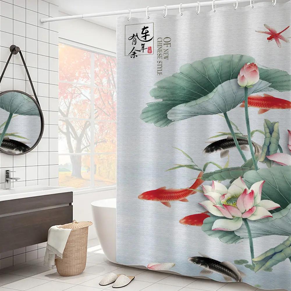 Purple Hydrangea Flower White Shower Curtain Landscape 3D Green Plant Waterproof Polyester Bathroom Curtains Bath Screen Decor