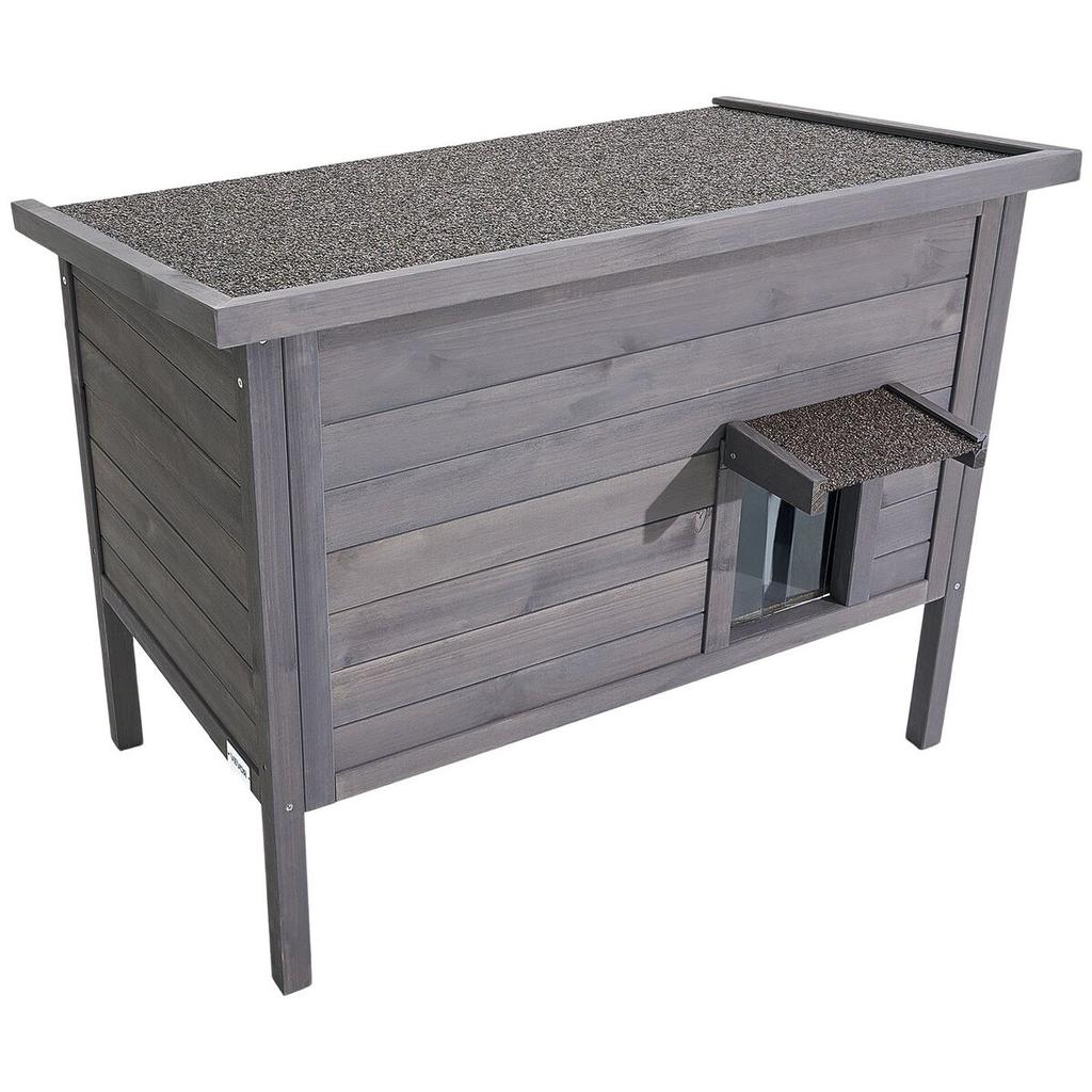Beheiztes Katzenhaus, Isoliertes Holz-Katzenhaus für Freigänger, Wasserdichtes Unterschlupf für Streunerkatzen mit Heizmatte, PVC-Klappentür & Aufklappbares Bitumendach
