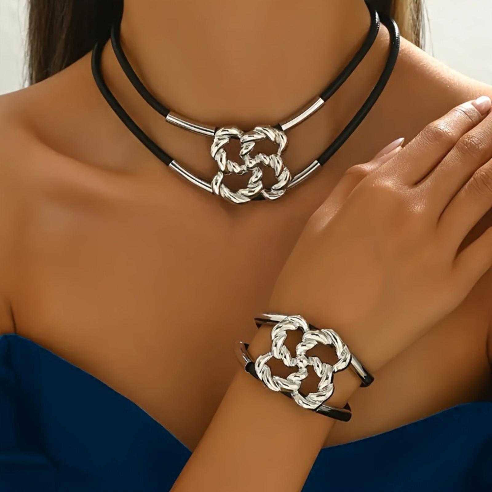 Stylish Twisted-Design Pendant Necklace & Bracelet Set — Double-, Elegant Jewelry Set One Size
