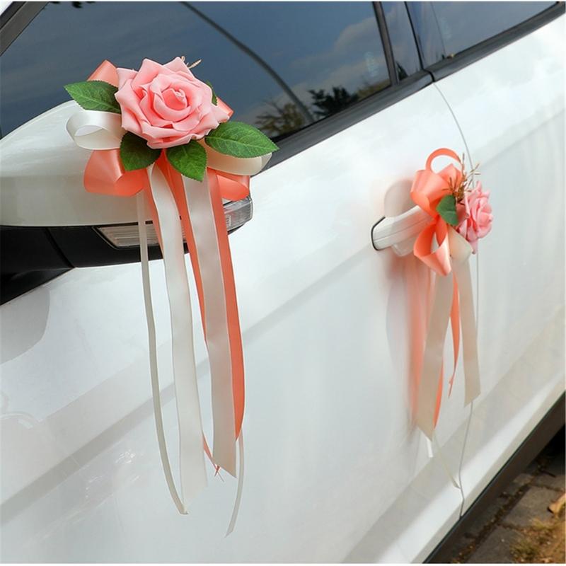Wedding Rose Ornament for Car Use, Faux Rose Ribbon Accent for Engagement Signs, Party Tables, and Home Display