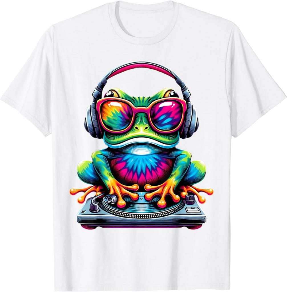 Tiedye Cool Dj Frog Peace Sign Hippie Frog With Headphones Tshirt Graphic T Shirts Lightweight Short Sleeve Unisex
