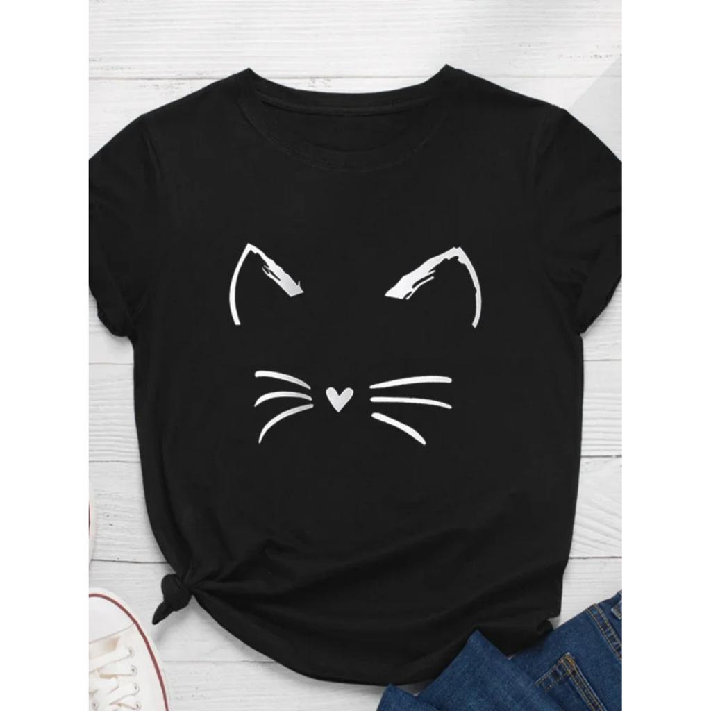 Cat Face Print Women T Shirt Short Sleeve O Neck Loose Women Tshirt Ladies Tee Shirt Tops Clothes Camisetas Mujer