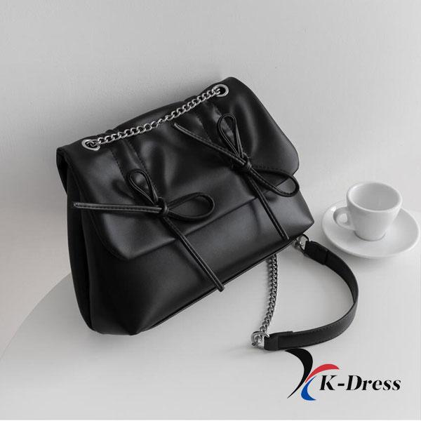 Loving Ribbon Leather Chain Shirring Square Flap Crossbody Shoulder Bag (4 Colors)