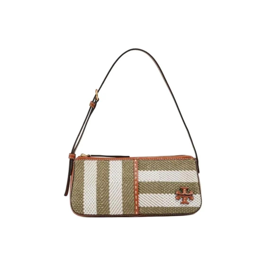 

TORY BURCH McGraw Striped Hand-Stitched Fabric Leather Patchwork Underarm Tote Shoulder Bag Women s Ivory and Olive Green Basic Set (Bag+Dust Bag) белый/зелёный