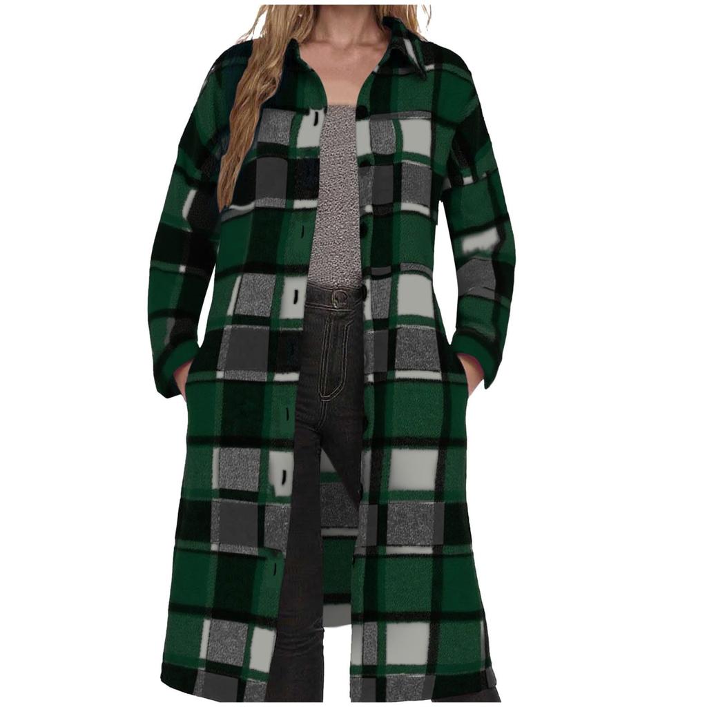 Women's Casual Plaid Long Sleeve Cardigan Mid-Length Lapel Collar Shirt Jacket