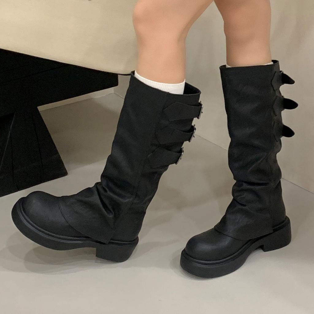 Eilyken Vintage Design Narrow Band Buckle Strap Women Knee-High Boots Fashion Round Toe Square Low Heels Shoes