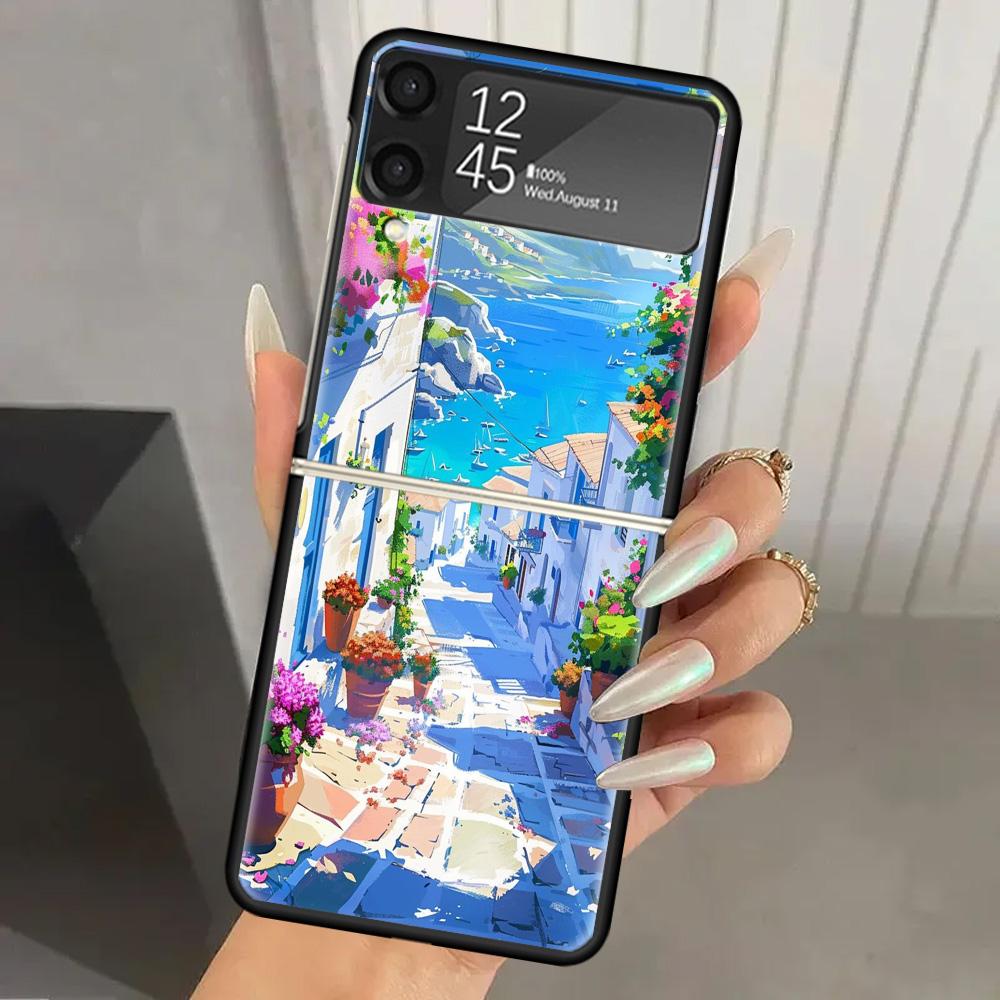 Griechenland Im Sommer Santorini Harte PC Handyhülle Für Samsung Galaxy Z Flip 7 6 5 4 3 Schwarz ZFlip7 ZFlip6 Flip5 Flip4 Flip3 5G Druck