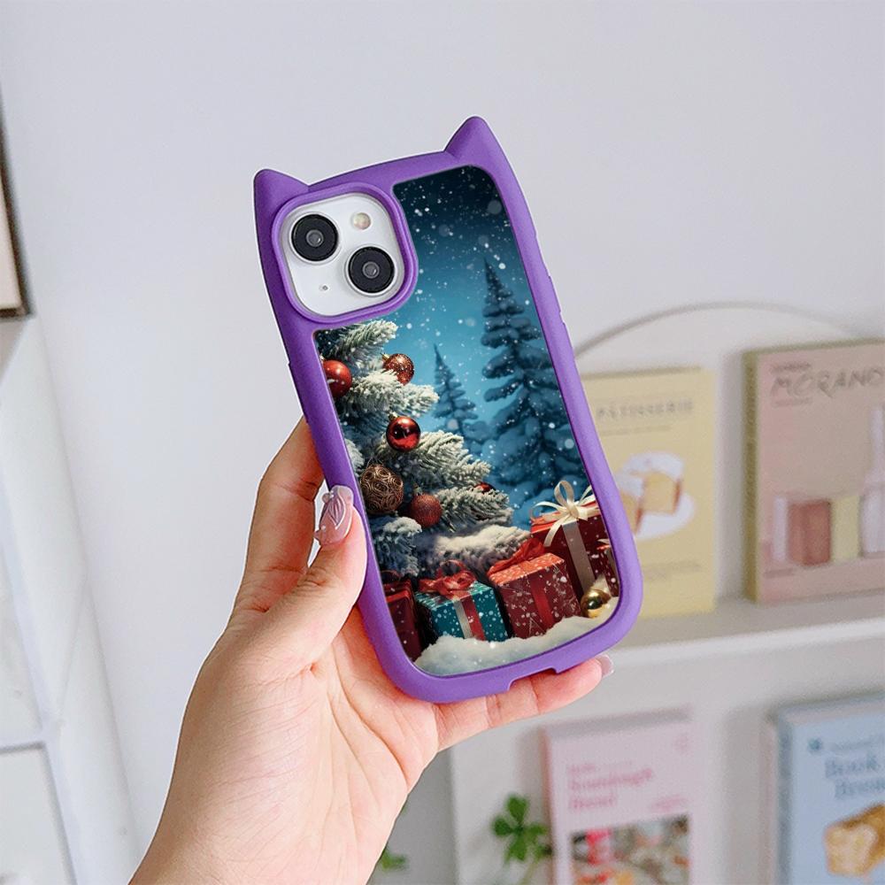 Cat Ear Soft Phone Case for iPhone 16 15 14 13 12 11 Pro Max Plus XR X TPU Anti-Drop Transparent Acrylic Back Cover NY28 Christmas tree Santa Claus