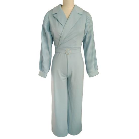 Formel Jumpsuit til Kvinder med Plisserede Lanterneærmer, Nedslået Krave, V-hals, Dekoration med Rhinestone-spænde, Vide Ben