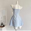 Summer Womens Blue Striped Lace Trim Aline Dress With Waist Tie For Casual Wear