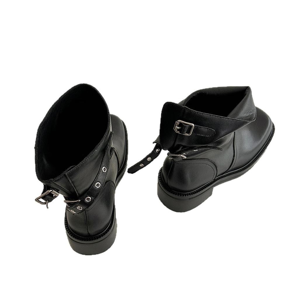 Cowhide version~ Square head retro belt buckle short knight boots women's western cowboy boots thin thick heel locomotive short boots