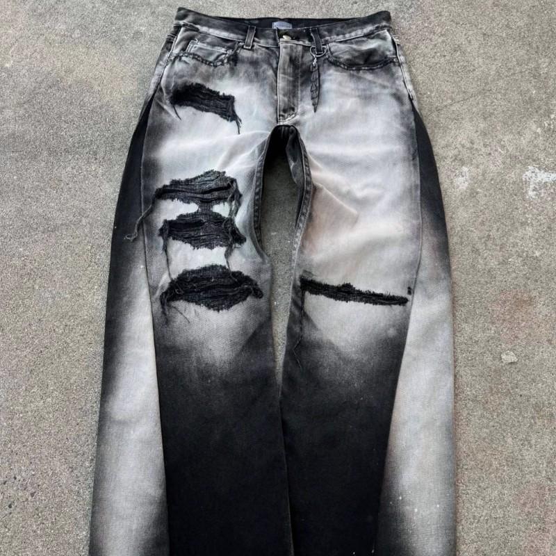 Unisex Relaxed Straight Cut Distressed Denim Jeans Streetwear Vintage Style Cotton Blend