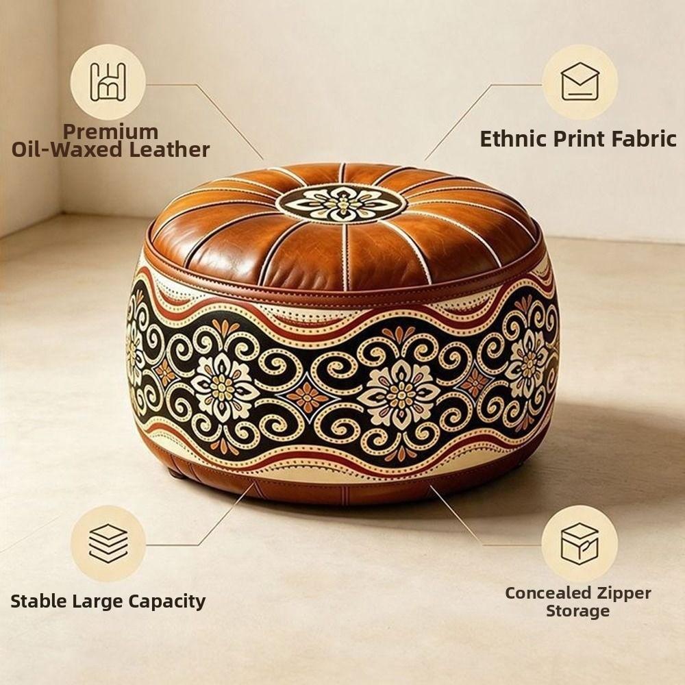 Round Shape Fillable Ottoman Pouf Embroidered Pattern Round Pouf Cover Living Room