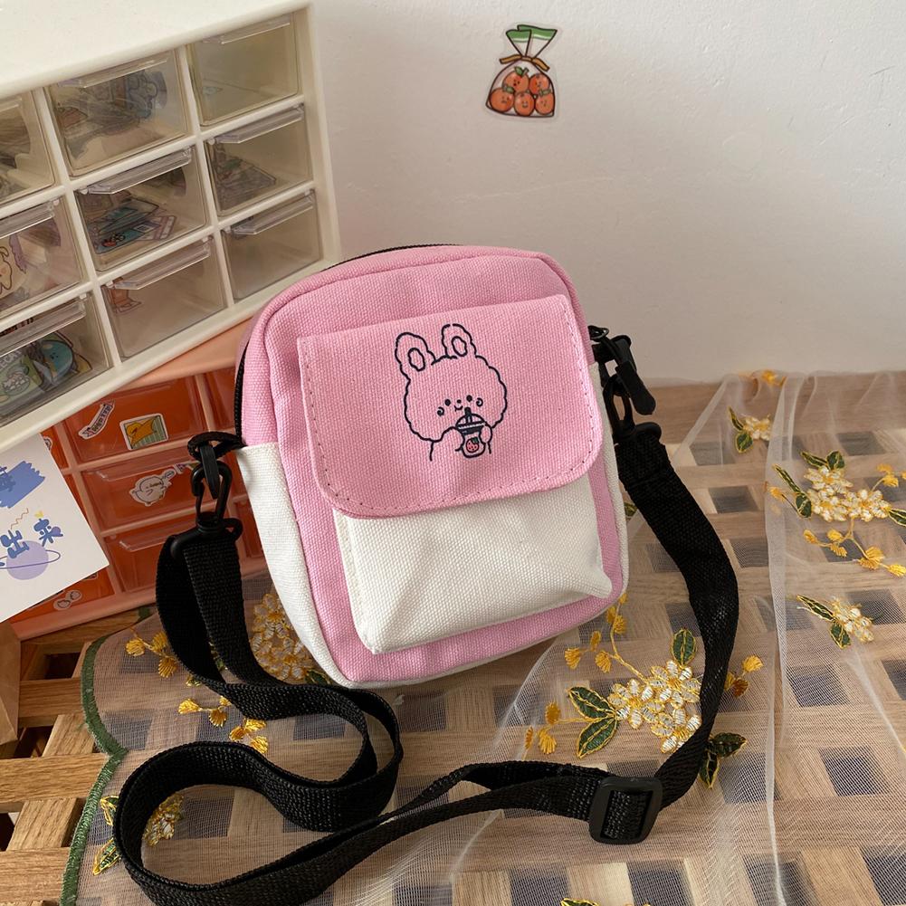 Fashion Cartoon Print Shoulder Bag Women Cute Canvas Bag Girls Patchwork Color Phone Purse Crossbody Bags Mini Flap Handbag