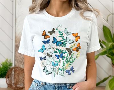 Vintage Butterflies Graphic T-Shirt, Butterflies Moths Wildflower Illustration Shirt, Aesthetic Apparel Butterfly Design, Nature Lower Gift