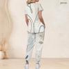 Women Plus Size Boho Leopard Palm Leaf Mix Print Scrub Set Short Sleeve V Neck Top And Wide Long Pants Medical Uniform