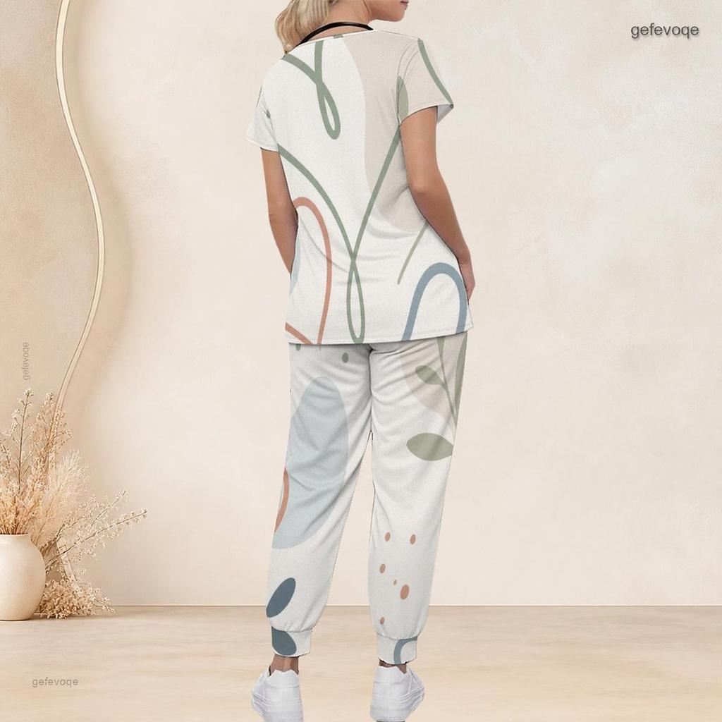 Women Plus Size Boho Leopard Palm Leaf Mix Print Scrub Set Short Sleeve V Neck Top And Wide Long Pants Medical Uniform