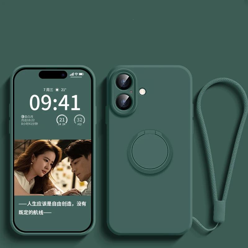 Luxury Original Liquid Silicone Ring Holder Case For iPhone17 16 15 14 Plus 13 12 Mini 11 Pro X XR XS Max With Strap Soft Cover