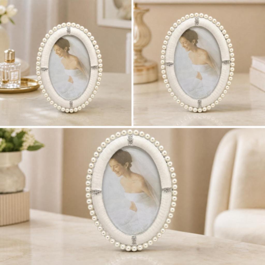 Oval Pearlized Silver Photo Frame with Jeweled Accents Elegant Metal Picture