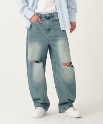 Akeusi Loose Washed Balloon Fit Wide Denim Pants Unisex (Vintage Blue)