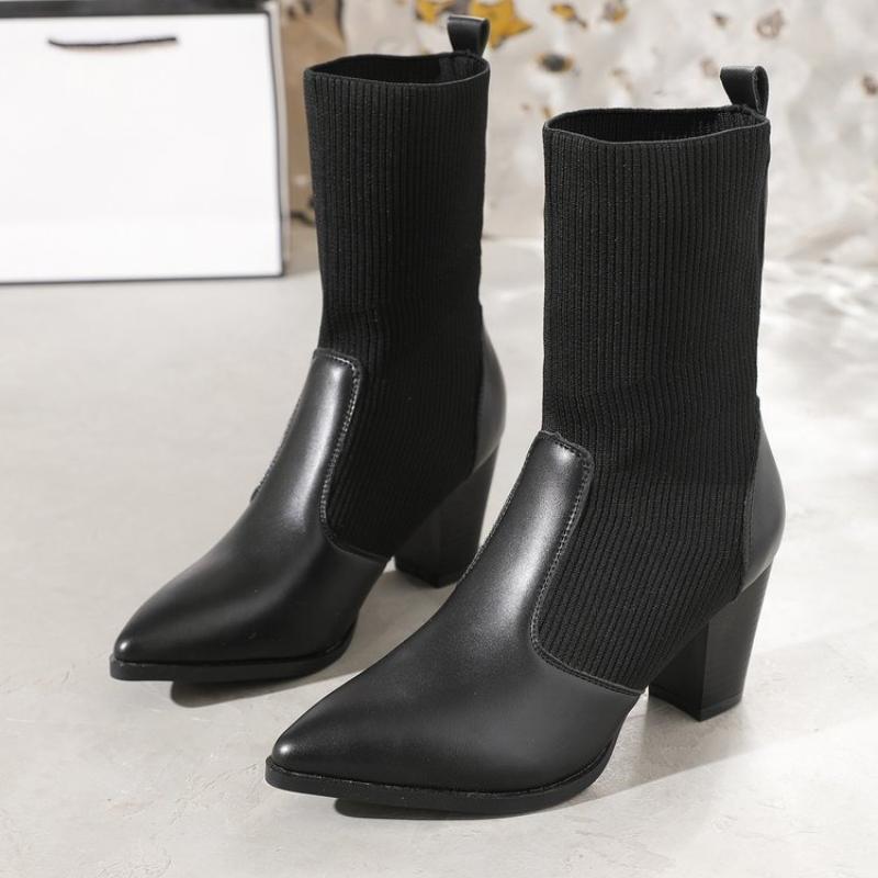 Women High-heeled Boots Temperament Pointed Leather Boots Fashion High Heels Ankle Boot Slim Fit Elastic Socks Boots Botas Mujer