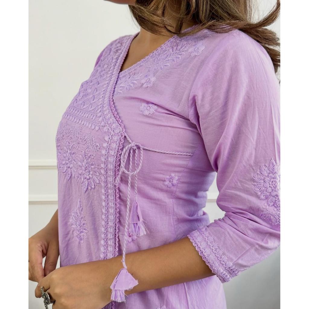 Women's Cotton Chikankari Angrakha Style Kurti Set Indian Pakistani Tunic Dress VF-1865