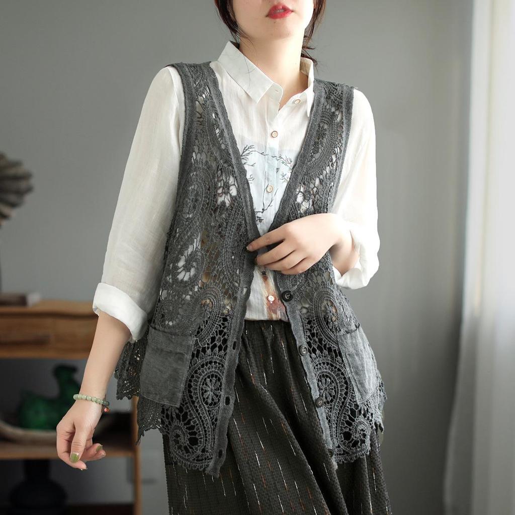 Primavera Estate Vintage Gilet Traforato Donna Pizzo Capispalla Mantella Scollo a V Gilet Monopetto Senza Maniche Cardigan Top Solidi