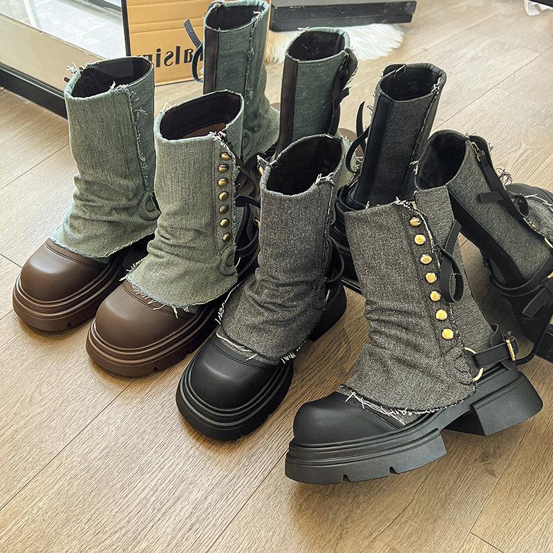 Niche design jeans tube boots women's 2025 Korean version doll head heightening fashion boots versatile medium boots short boots