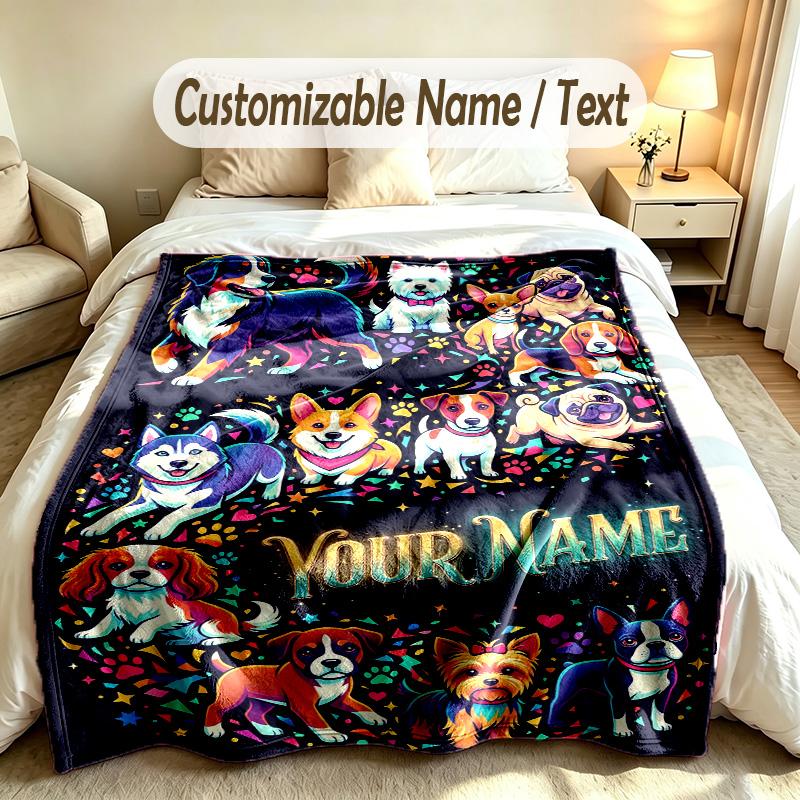 Dog Theme Soft Blanket Personalized Custom Name Text Print Warm Blanket Home Sofa Bedroom Decor