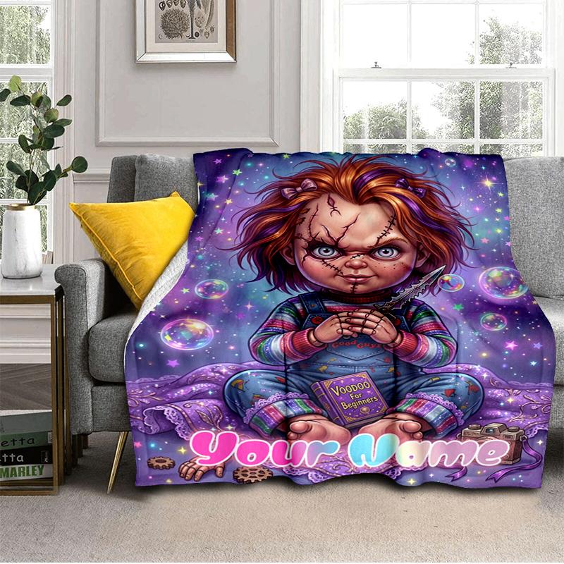 1PC Custom Name "Chucky's Bubble Adventure" flannel blanket versatile,all-season throw suitable for the living room,bedroom,camping,travel,and gift