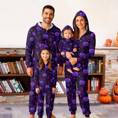 Halloween Printed Family Matching Hooded Long Sleeved Zippered Hooded  Jumpsuit Set