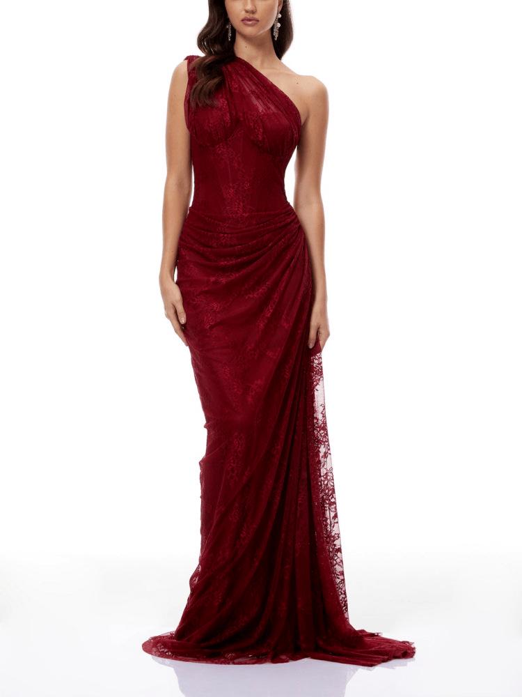 Europäischer & Amerikanischer Stil Damen Ein Schulter Spitze Figurbetont Langarm Kleid