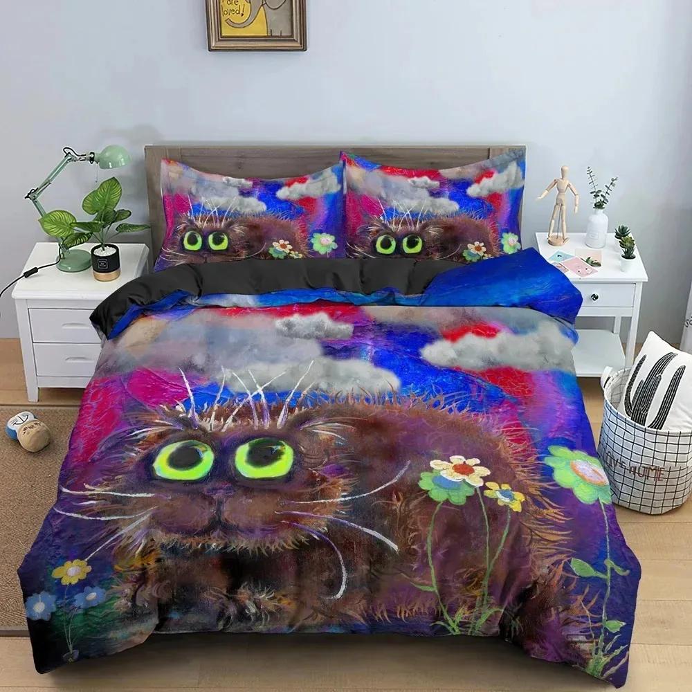 Watercolor Cartoon Cat Bedding Set Boys Girls Twin Queen Size Duvet Cover Pillowcase Bed Boys Adult Home Textileextile