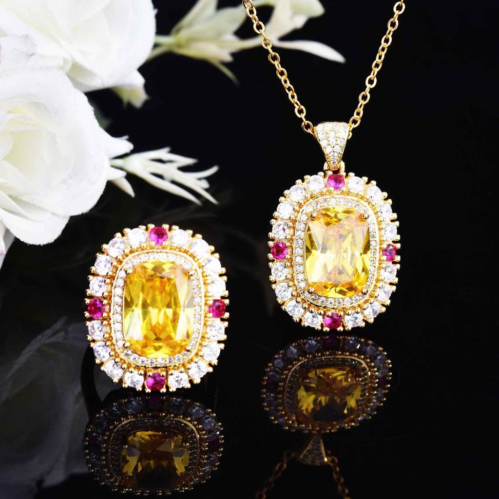 Haute Couture Jewelry Fortune Topaz Pendant, Luxury Ruby Set Engagement Ring Necklace