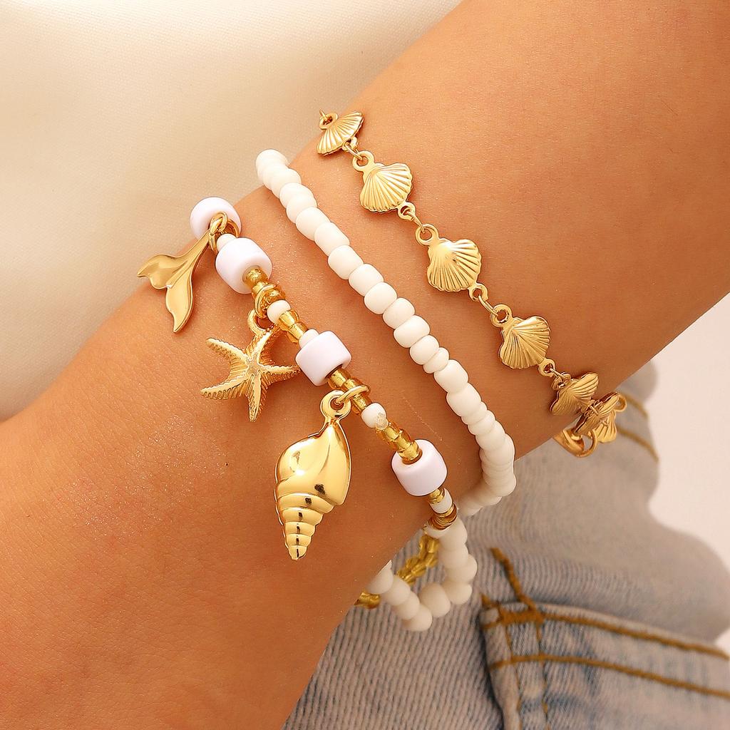 3pcs Set Creative Retro Starfish Conch Imitation Pearl Shell Beaded Stackable Anklets for Women Bohemian Vacation Jewelry Gifts