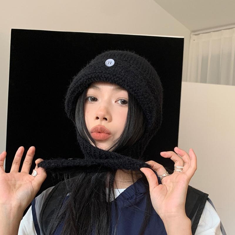 Winter Warm Knit Hat for Women Girl Button EarFlap Beanie Hat Outdoor Activity Scarf Cap Windproof Headwear Pullover Hat