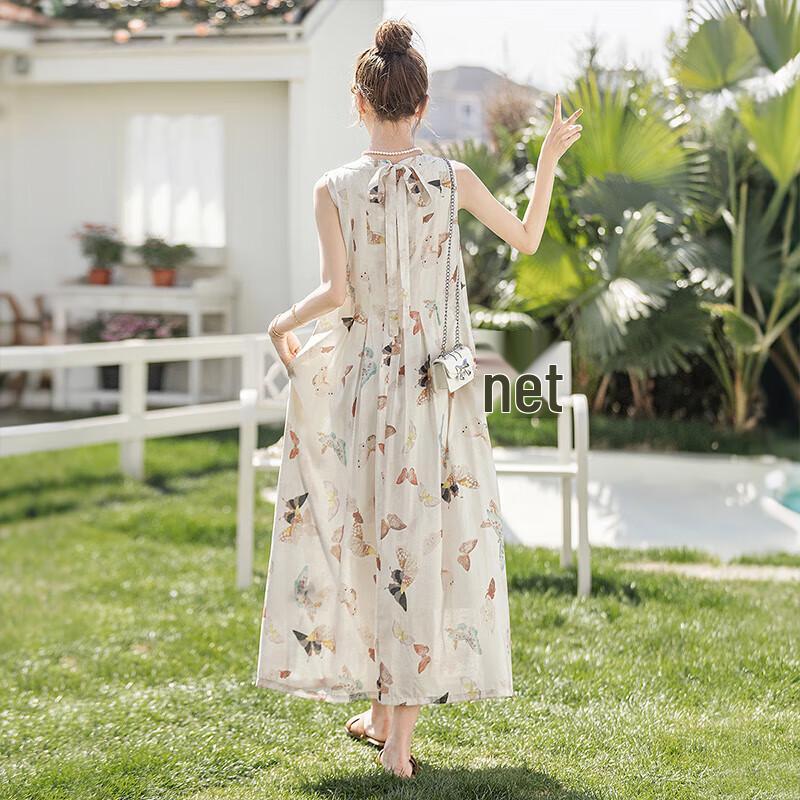 Women's Butterfly Print Sleeveless A-Line Midi Dress