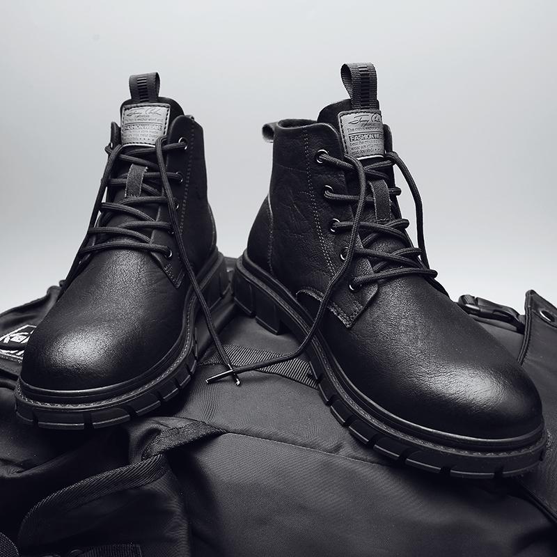 

Fashion Cowboy Boots Men Black Leather Combat Boots High Top Lace Up Ankle Boots, Thick Sole Comfort Street Style Outdoor Hiking Autumn 39 чёрный