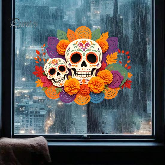 Waterproof Vinyl Graphics Day of The Dead Window Static Sticker, Flower Skull Decorative PVC Removable Home Ornament Decals, Halloween Glass