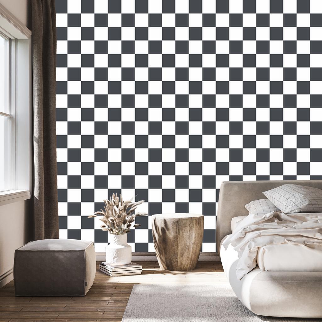 Checkerboard Wallpaper White and Navy Blue for Living Room and Bedroom 50x1000