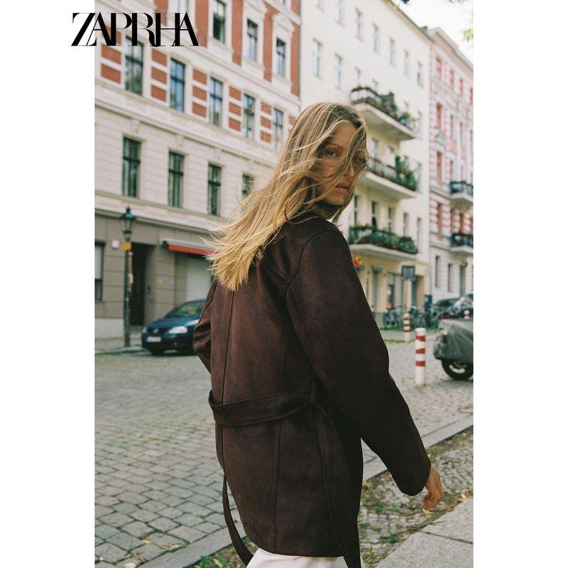 Zaprha 2025 Autumn New Women With Belt Suede Effect Lapel Long Sleeve Jacket 4968221