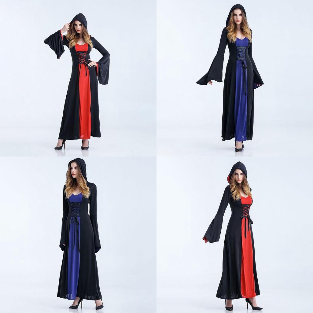 Enchanting Women Gothic Hooded Witch Wizard Dress With Flared Sleeves And Lace Up Design