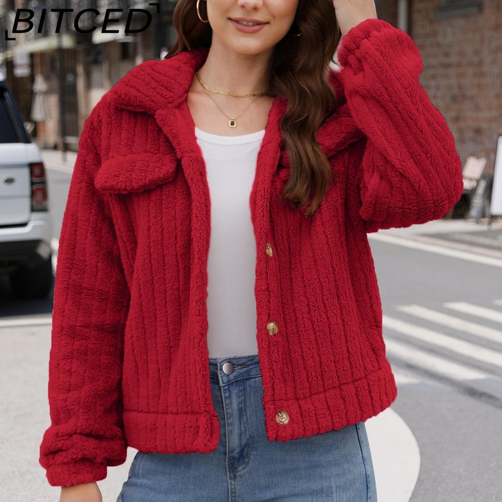 BITCED Women's Fall/Winter Ribbed Fleece Cardigan with Collar, Short-Length Jacket